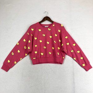 ONLY NWT Women's Size S Pink Lemonade Yellow Hearts O-Neck Cropped Sweatshirt